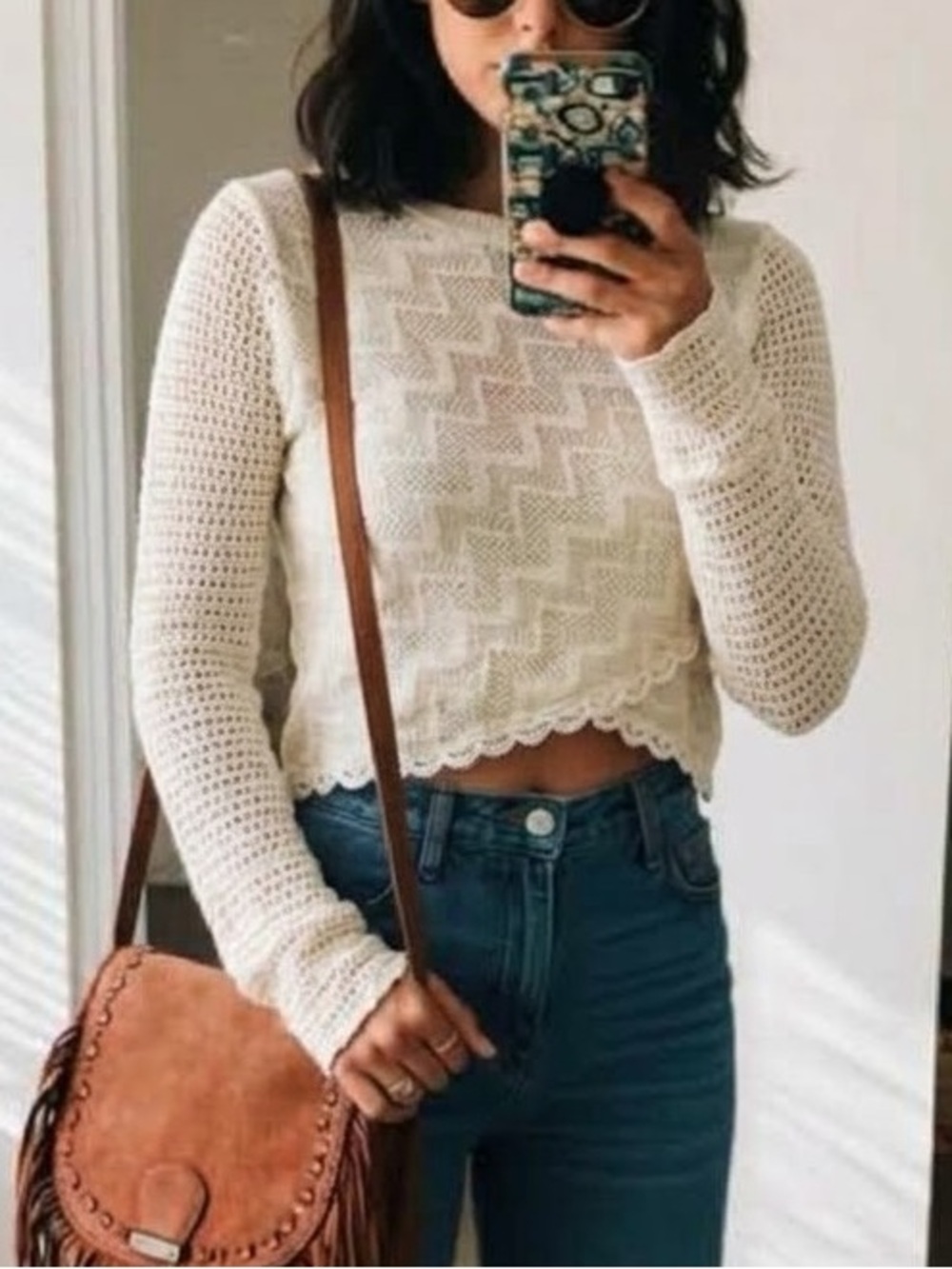Free People Cream Lace Trim Asymmetric Cropped Knit Crewneck Sweater SP